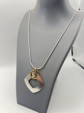 Baer SF Pendant Necklace Modernist Mixed Metal Geometric  28+2" Snake Chain Art